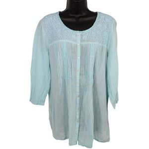 Intro Aqua Embroidered Pintuck Button Front Tunic Top 3/4 Sleeve Cotton M